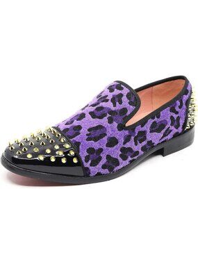 Metrocharm Men's Purple Leopard Print Loafer Smoking Spikes Slip On Formal Shoes